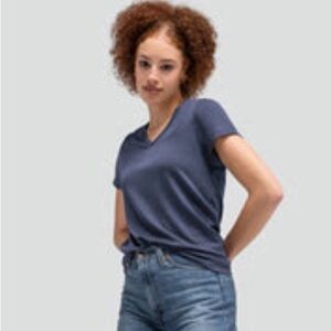 Unbound Merino Women's Large Vintage Indigo Blue V-Neck Tee